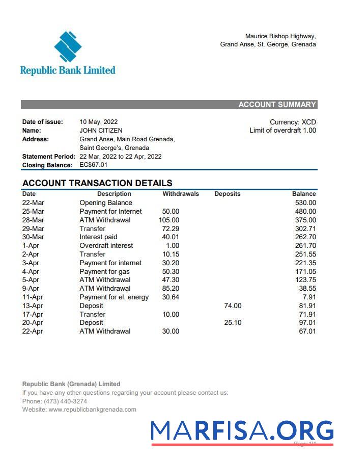 Realistic Grenada Republic bank statement excel sample